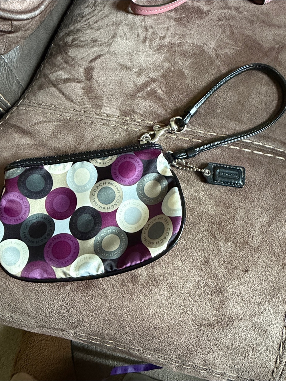 Coach Purple Multi Circle Print Wristlet with Black Strap